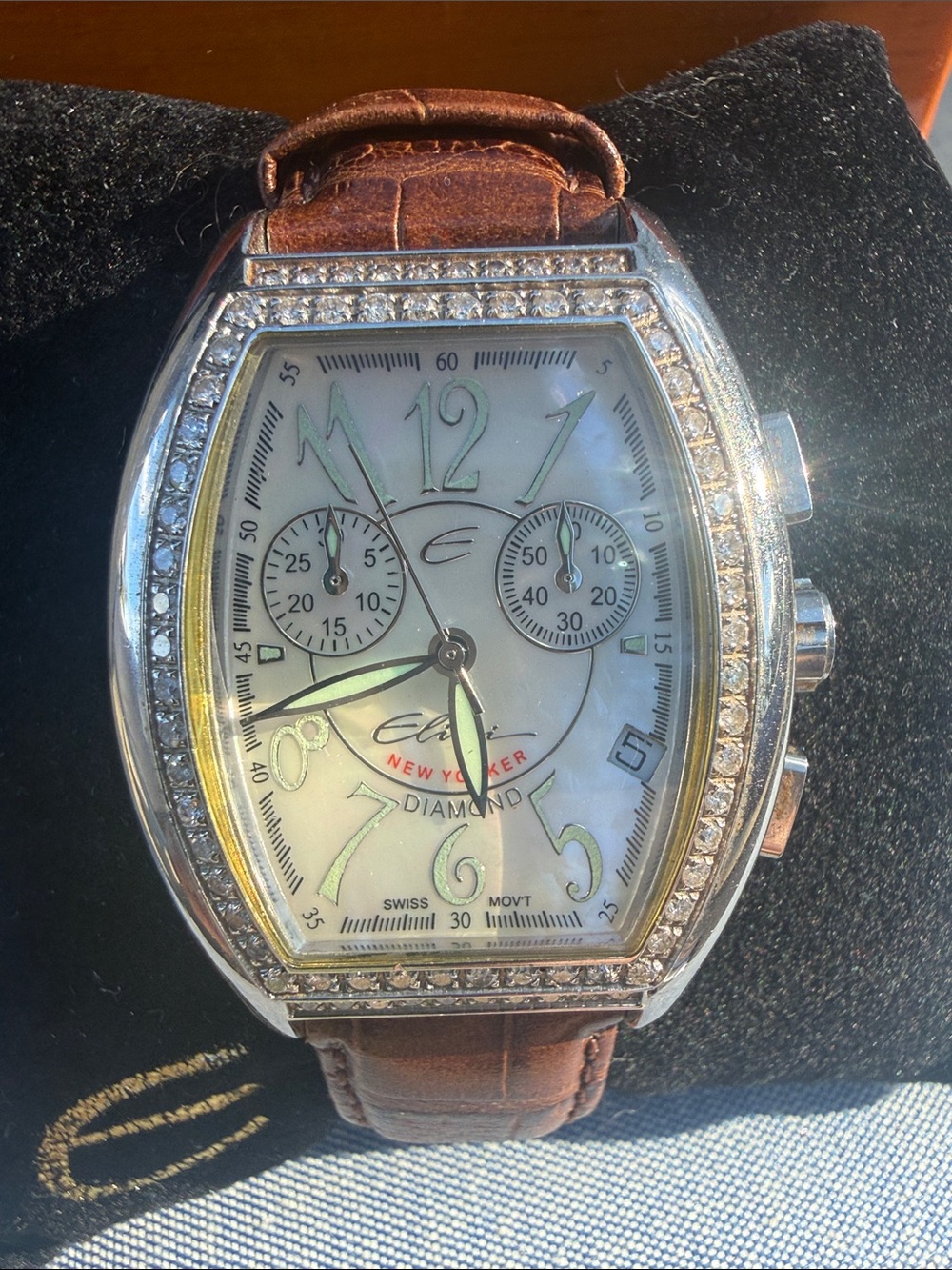 Elini New Yorker DB-058 Diamond Swiss Chronograph MOP Watch w/ Original Box